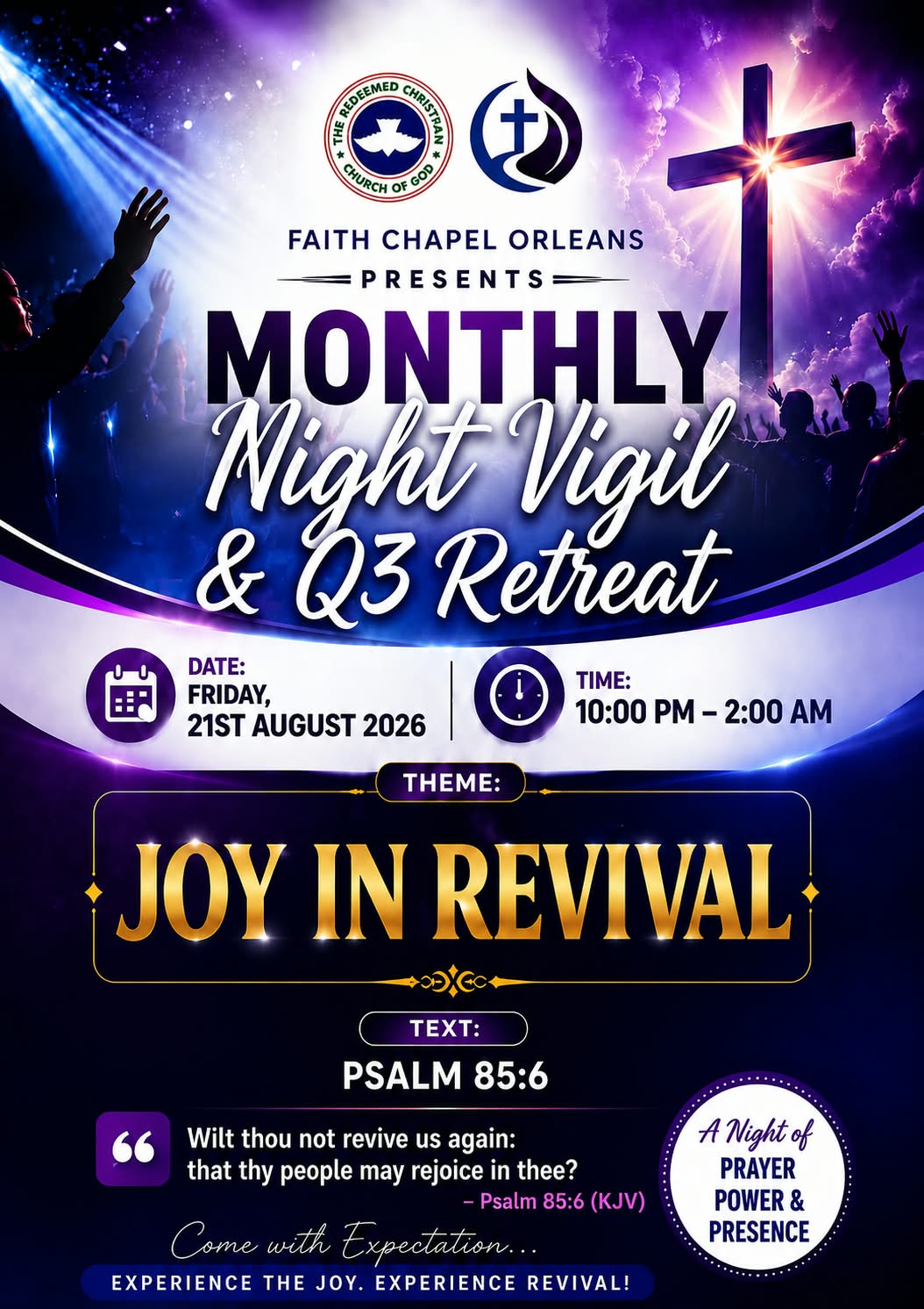Purple and blue RCCG Faith Chapel Orleans flyer announcing the Monthly Night Vigil and Q3 Retreat, themed “Joy in Revival,” taking place August 21, 2026, from 10:00 PM to 2:00 AM.