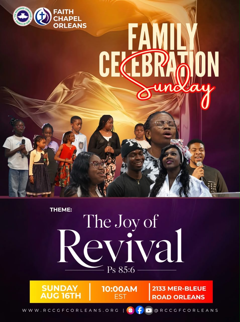 Family Celebration Sunday flyer featuring Faith Chapel families and the theme The Joy of Revival.